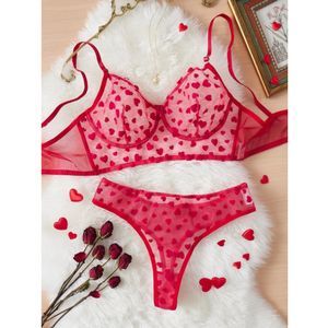 XL & 1X Red Pure Desire Plus Heart Print Mesh Underwire Lingerie Set